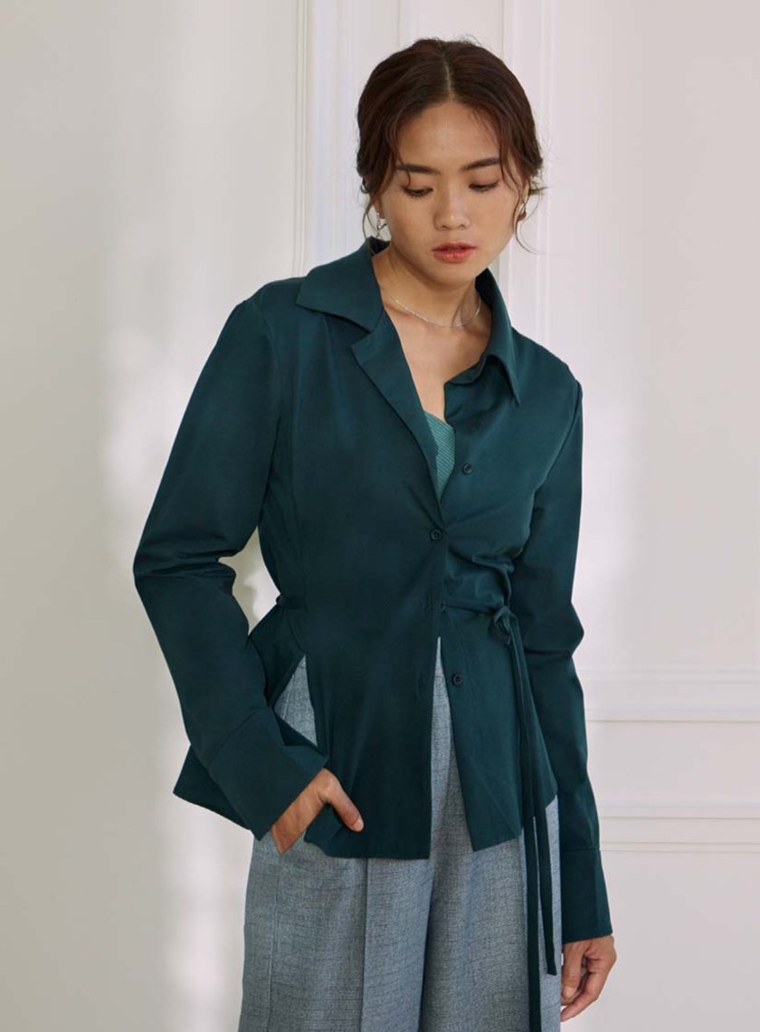 不對稱領彈力綁帶長袖襯衫